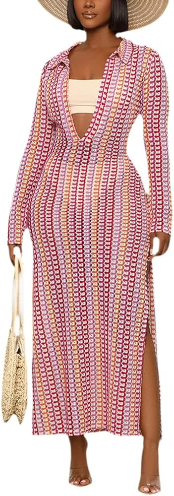 YouSexy Women's Sexy Swimsuit Maxi Dress Long Sleeve Hollow Out Long Beach Cover Up Dress | Amazon (US)