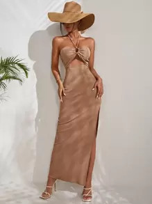 SHEIN SXY Cut Out Front Halter Neck Backless Slit Thigh Dress SKU: sw2203067901193448(100+ Review... | SHEIN