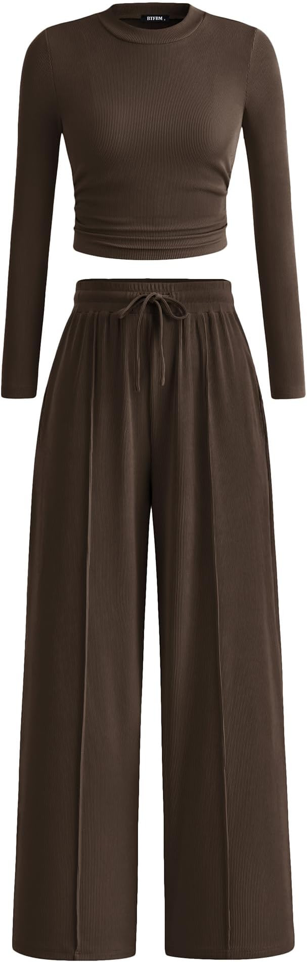 BTFBM Casual 2 Piece Sets For Women Fall Outfits 2025 Ribbed Spring Long Sleeve Crop Top Wide Leg... | Amazon (US)