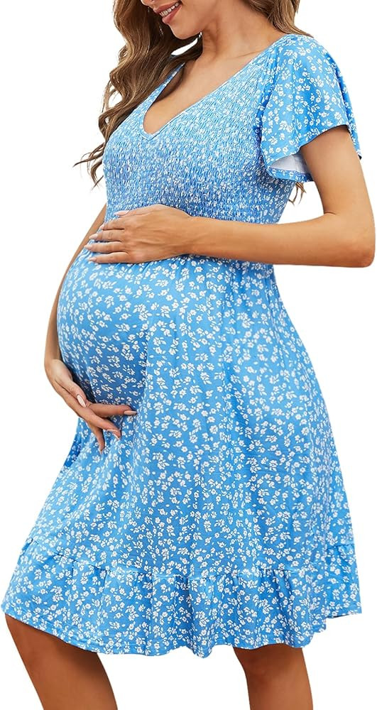 Adorel Maternity Dress Midi Ruffle V-Neck Flowy Smocked Empire Waist Casual Pregnant Outfit Baby ... | Amazon (US)