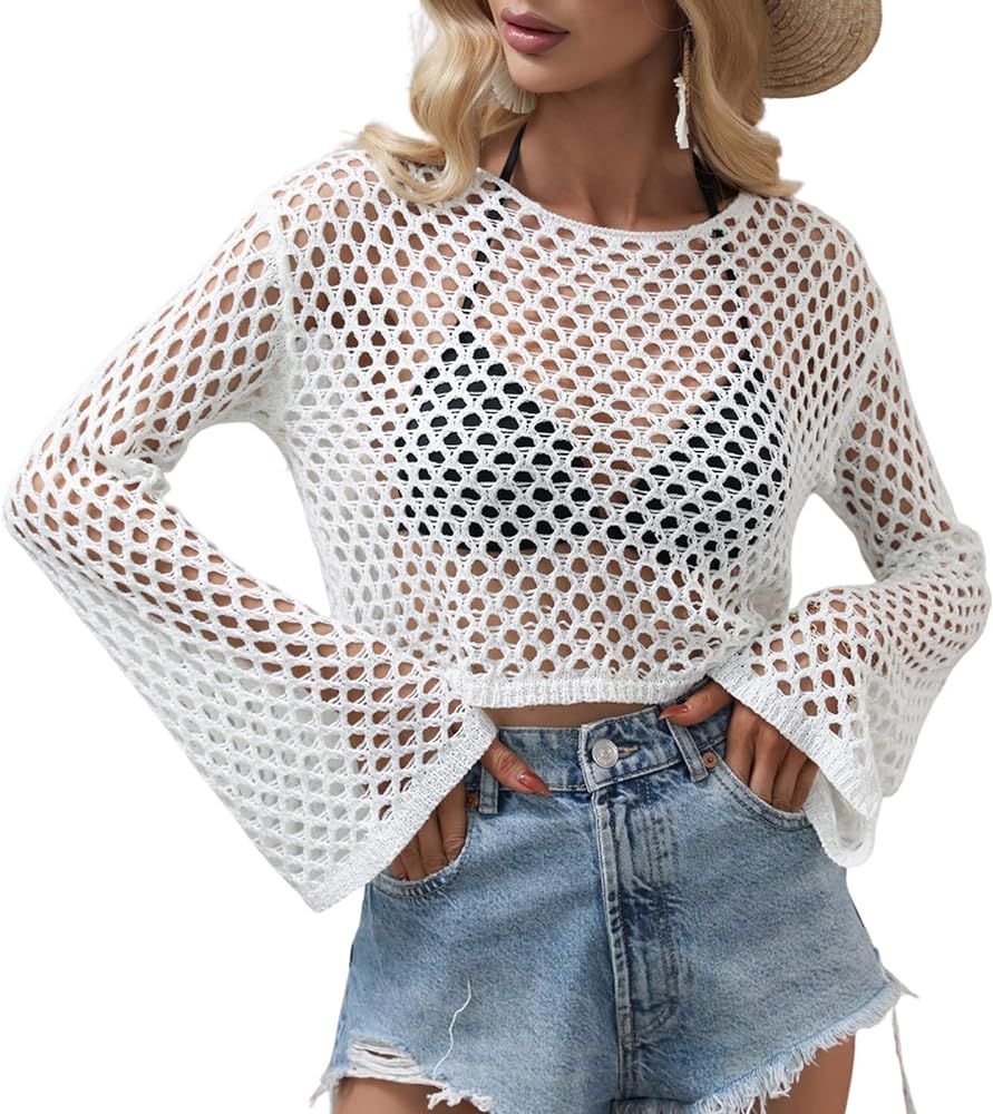 Women Mesh Crochet Crop Top See Through Cover Up for Bikini Hollow Out Fishnet Long Sleeve T-Shir... | Amazon (US)