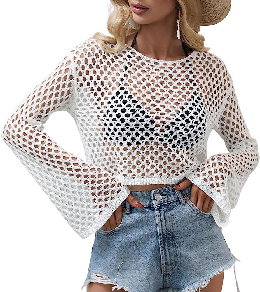 Women Mesh Crochet Crop Top See Through Cover Up for Bikini Hollow Out Fishnet Long Sleeve T-Shir... | Amazon (US)