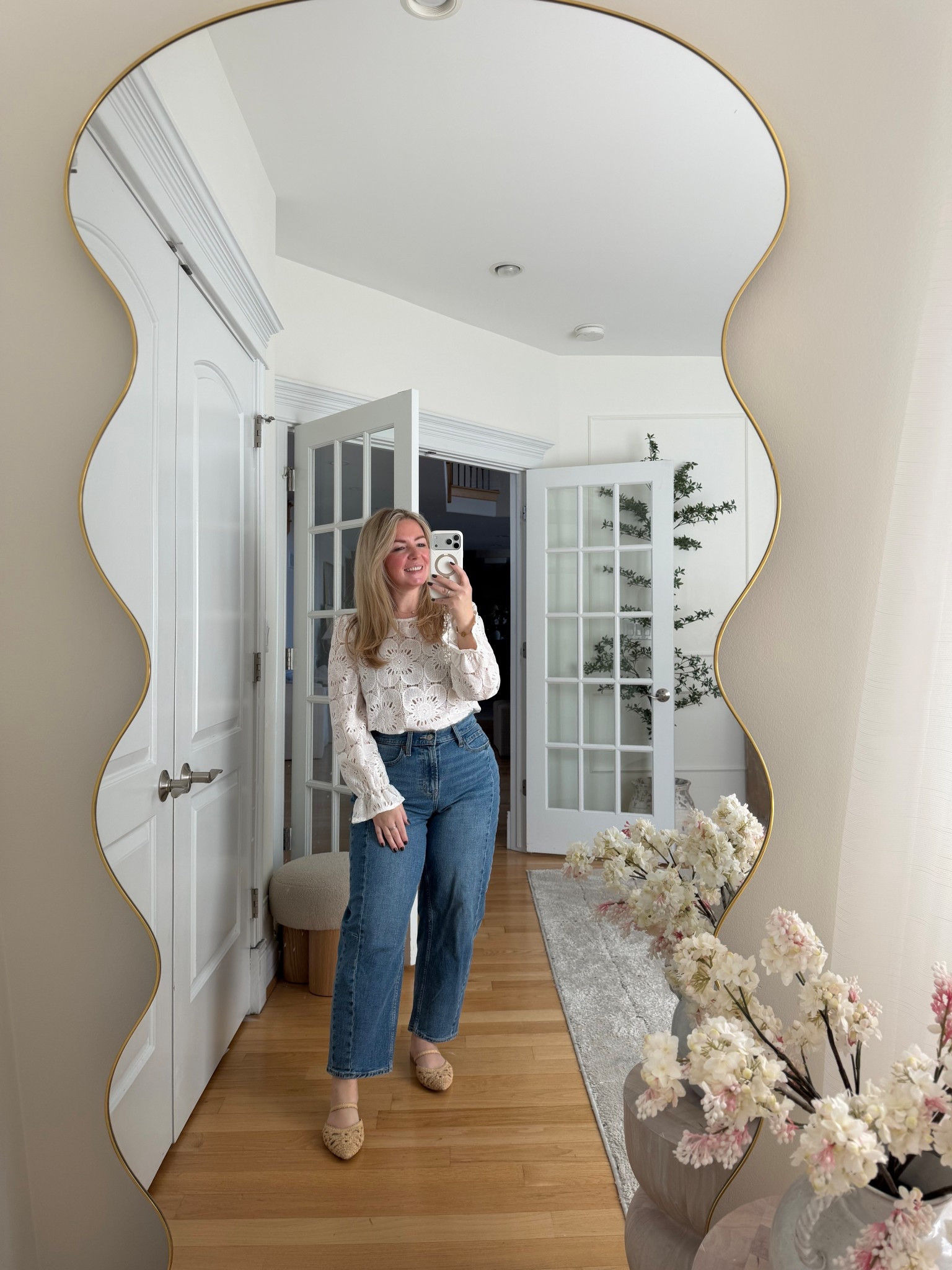 The spring outfit from today’s reel 🤍
Lace blouse + high rise barrel leg jeans + woven flats — easy neutral everyday outfit that feels put together but still comfortable.

Everything linked here.