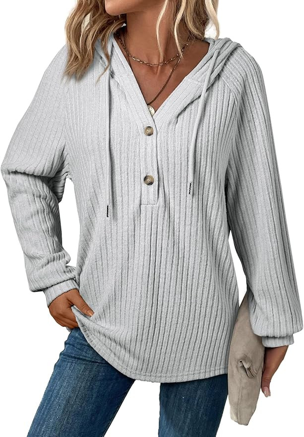 SHEWIN Sweaters For Women Causal V Neck Hooded Sweater Lightweight Knit Long Sleeve Fall Tops | Amazon (US)