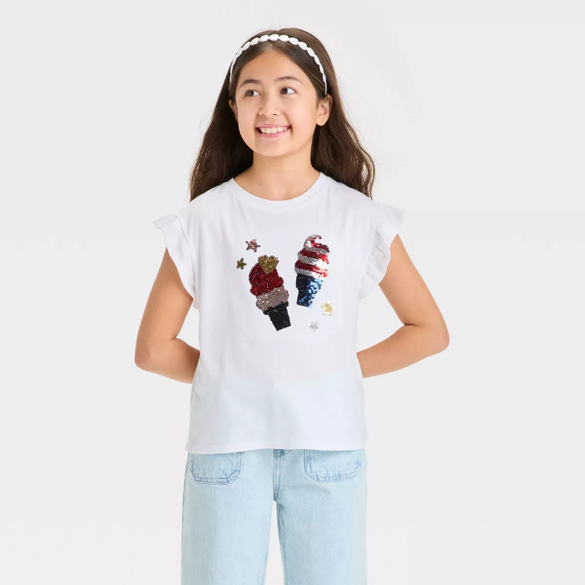 Girls' Short Sleeve 4th of July 'Ice Cream' Flip Sequin T-Shirt - Cat & Jack™ White | Target