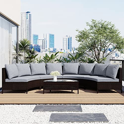 SKJDCSDLLSN 5-Piece Curved Patio Furniture Set, Outdoor PE Wicker Sectional Sofa with Half-Moon Rattan Chairs and Tempered Glass Coffee Table for Backyard, Deck and Porch | Amazon (US)