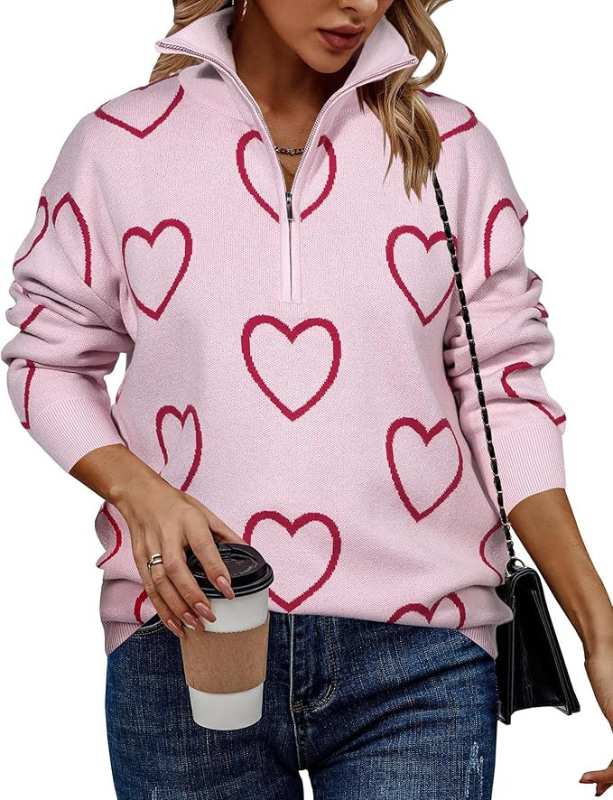 Heart Sweater for Women V Neck Valentines Sweatshirt Quarter Zip Pullover Ribbed Knitted Sweaters... | Amazon (US)