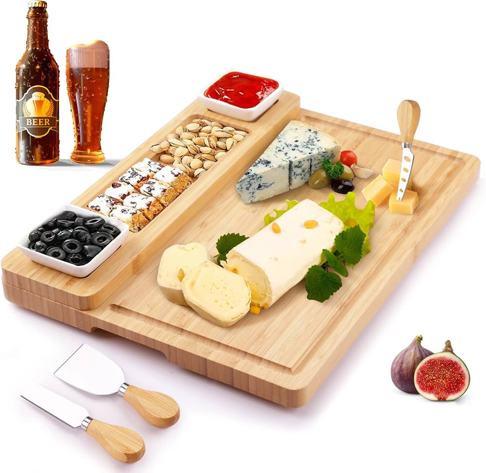 Large Charcuterie Boards, Cheese Boards and Knife Set, Bamboo Wine Meat Cheese Tray Platter, Char... | Amazon (US)