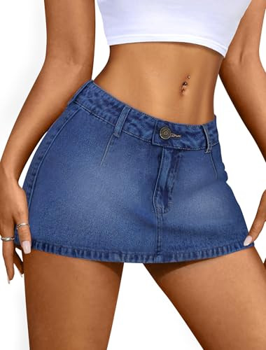 IWD Denim Mini Skirt for Women Low Waisted Jean Micro Skort with Shorts Stretch Casual Jean Skirt | Amazon (US)
