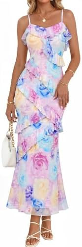 MEROKEETY Spring Summer Floral Wedding Guest Maxi Dress Womens 2026 Formal Bodycon Ruffle Spaghet... | Amazon (US)