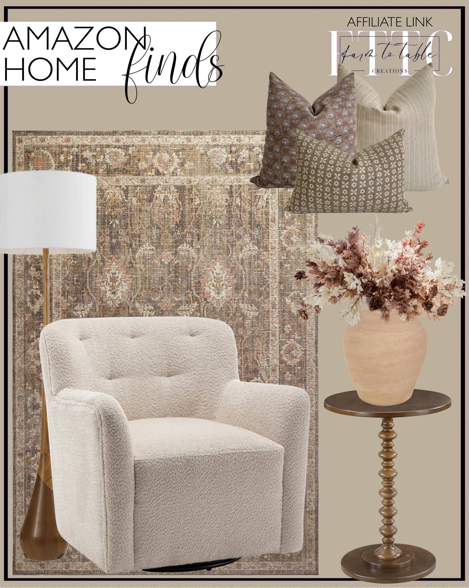 Amazon Home Finds. Follow @farmtotablecreations on Instagram for more inspiration.

Modern Swivel Chenille Accent Chair Armchair, No Assembly. Loloi Chris Loves Julia x Rosemarie Sage/Blush Area Rug. Convenience Concepts Palm Beach Spindle Table, Espresso. Decorative Vase. MISSPIN 11 Pack 38 inch Artificial Fall Maple Leaf Stems. Floor Lamp, 2-Tone Wood Toned Base. Canyon Theory Pillow Covers. 

Amazon Home. Amazon Fall Decor. Amazon Living Room Decor. 




#LTKFindsUnder50 #LTKSaleAlert #LTKHome