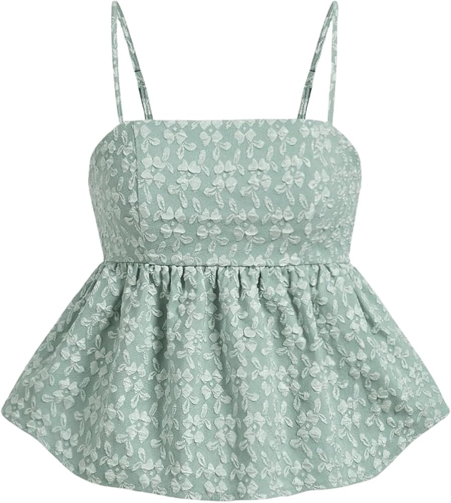 SOLY HUX Women's Spaghetti Strap Ruffle Hem Peplum Cami Top Jacquard Camisole | Amazon (US)