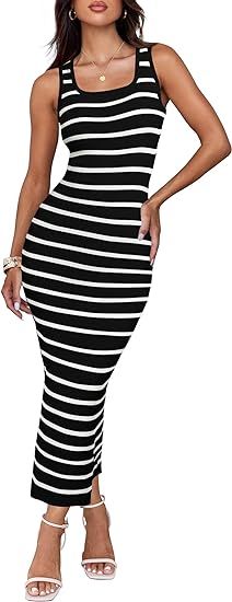 ZESICA Women's Summer Square Neck Bodycon Midi Dresses 2024 Casual Sleeveless Ribbed Knit Striped... | Amazon (US)