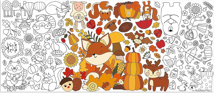 Jumbo Fall Coloring Poster Pumpkin Fox Pinecone and other Fall DIY Drawing Paper Art Blank Banner... | Amazon (US)