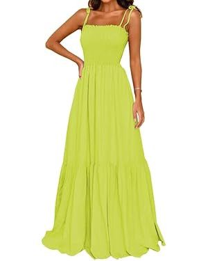 GOLDSTITCH Women's 2023 Summer Bohemian Spaghetti Strap Smocked A Line Flowy Maxi Dress | Amazon (US)
