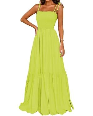 GOLDSTITCH Women's 2023 Summer Bohemian Spaghetti Strap Smocked A Line Flowy Maxi Dress | Amazon (US)