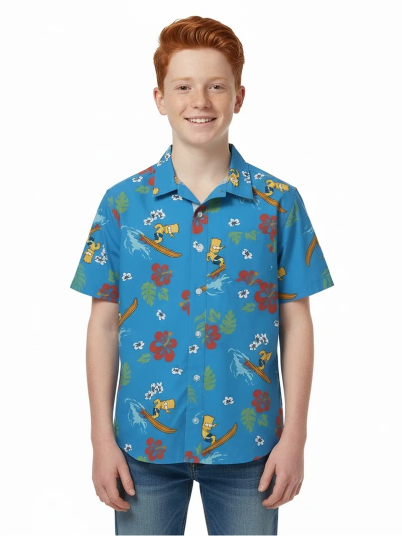 The Simpsons Boys Graphic Button Up Resort Shirt with Short Sleeves, Sizes 4-18 | Walmart (US)