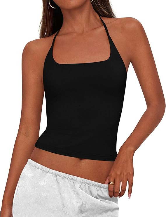 KIRUNDO Halter Tops for Women Crop Tank Going Out Tops Y2k Trendy Camisole Workout Sleeveless Bac... | Amazon (US)