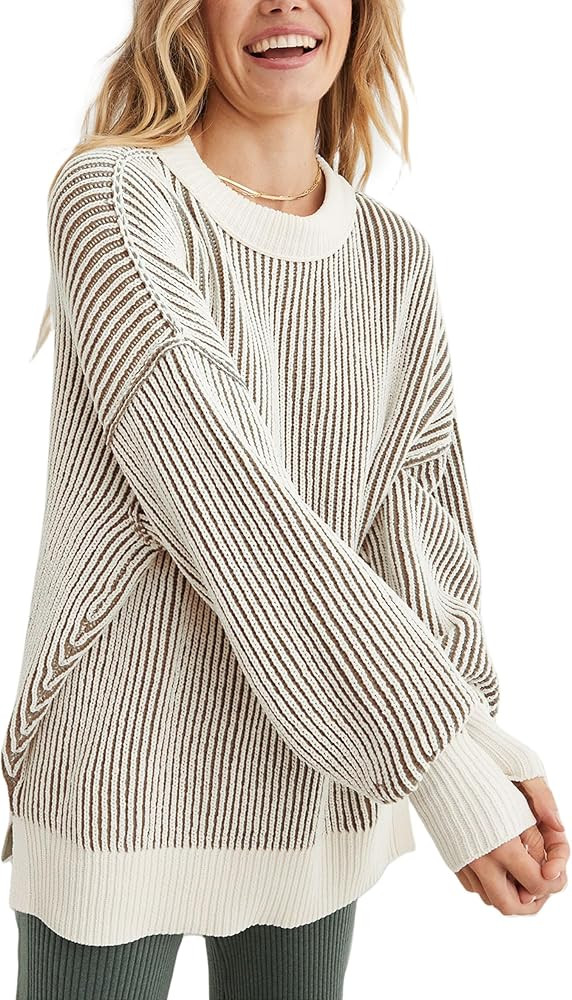 Beyond Chenille Sweater for Women 2024 Winter Crew Neck Pullover Sweater Color Block Knit Tops | Amazon (US)