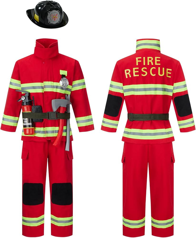 Amazon.com: Kosgraiy Firefighter Costume for Kids,Red Fireman Costume for Boy and Girl,Kds Fire C... | Amazon (US)
