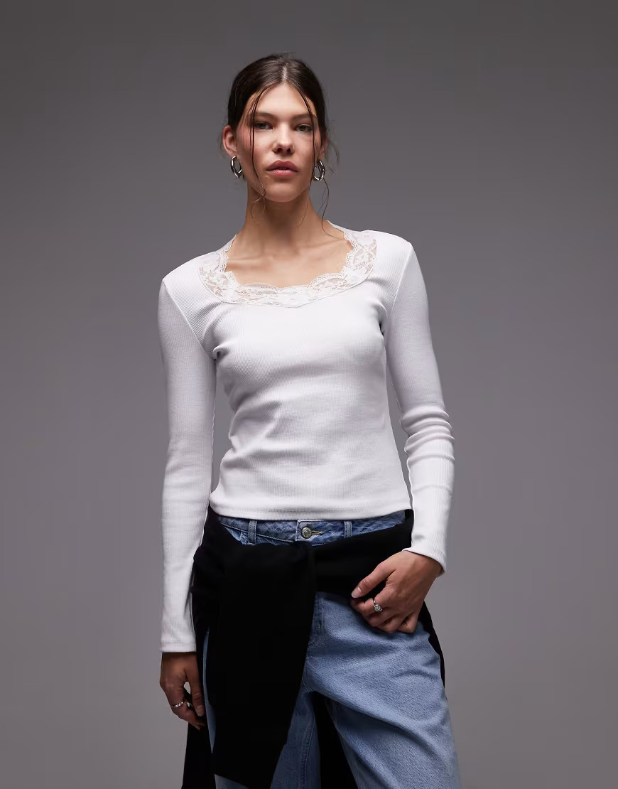 ASOS DESIGN sweetheart lace trim rib long sleeve top in ivory-White | ASOS (Global)