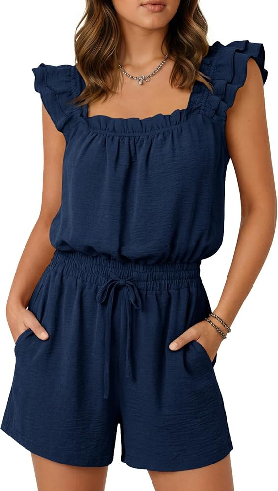 Yousify Rompers for Women Summer Casual Ruffle Sleeves Square Neck Drawstring Shorts Jumpsuit 202... | Amazon (US)