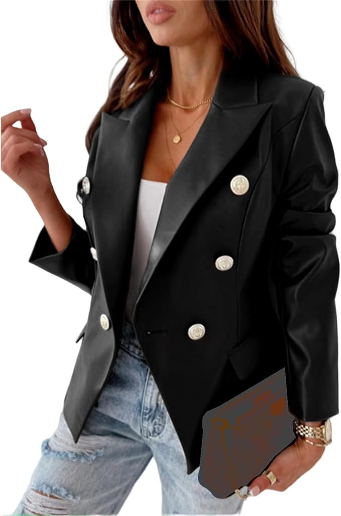 Womens Faux Leather Jacket Double Breasted Blazer Leather Jacket Slim Lapel Open Front Coat Fashi... | Amazon (US)