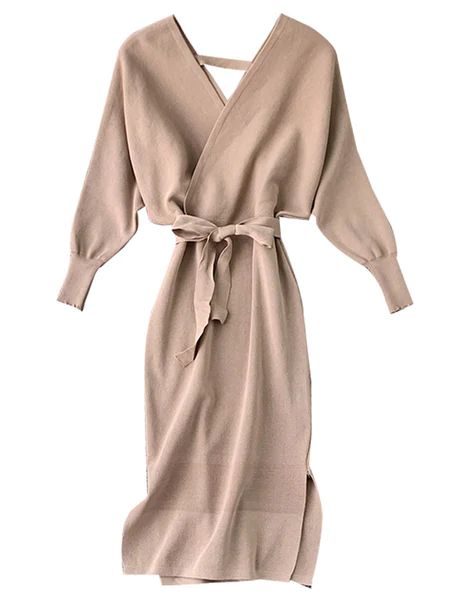 'Caitlin' Batwing Open Back Waist Tie V Neck Knit Dress (4 Colors) | Goodnight Macaroon