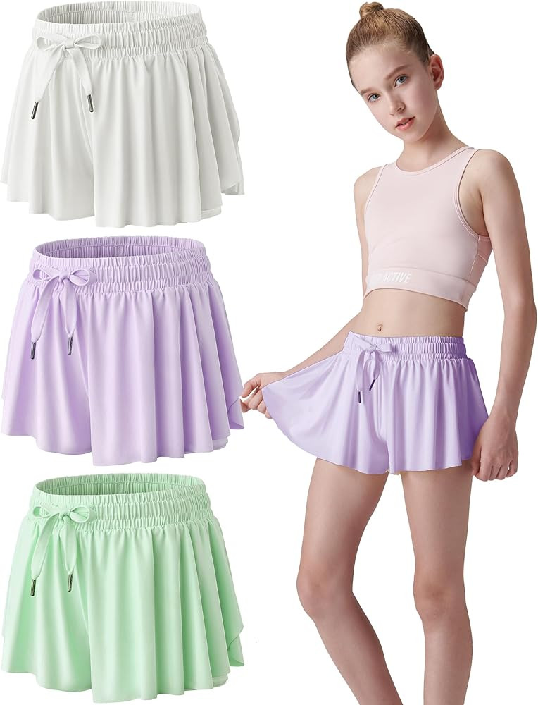 3 Pack Girls Flowy Shorts with Spandex Liner 2-in-1 Youth Butterfly Skirts for Fitness, Running, ... | Amazon (US)