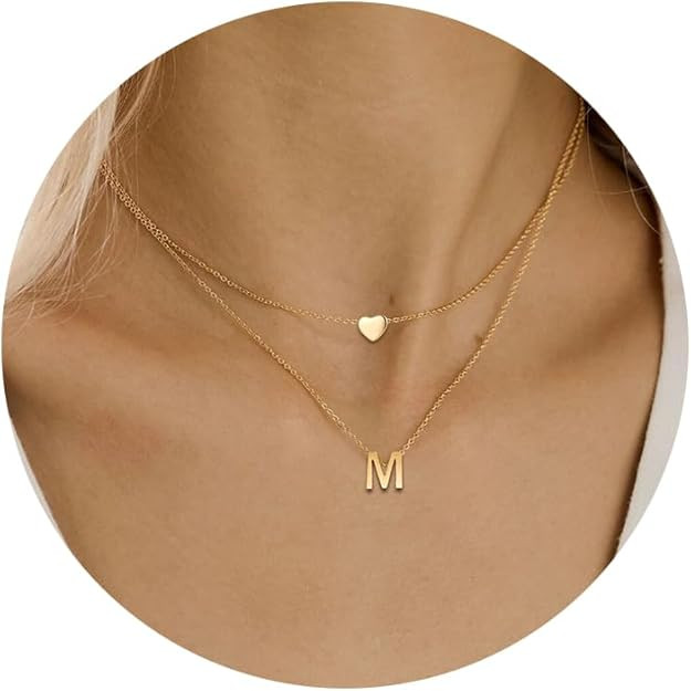 MOMOL 18K Gold Plated Stainless Steel Layered Heart Initial Necklace Personalized Tiny Letter Cho... | Amazon (US)