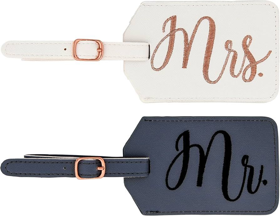 Miamica Mrs. & Mr. Faux Leather Luggage Tags with Sturdy Buckle Straps, 6.85" x 3", White & Gray,... | Amazon (US)