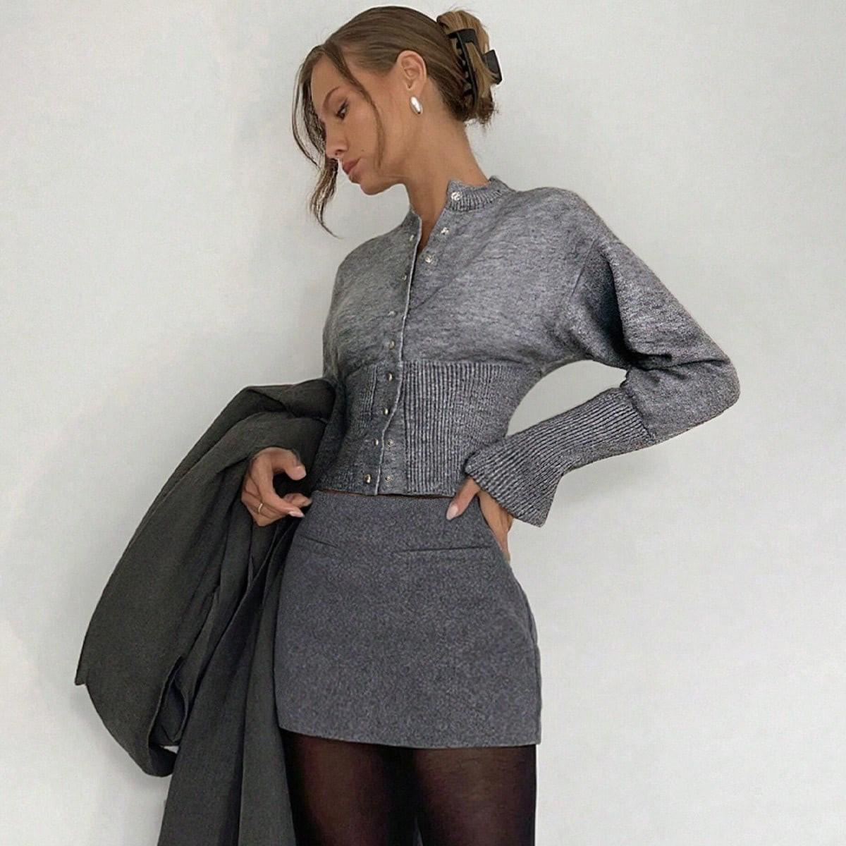 Siren Gaze 2024 Autumn/Winter New Style Gris Tweed Mini Skirt, Women Miu Style Skirt | SHEIN