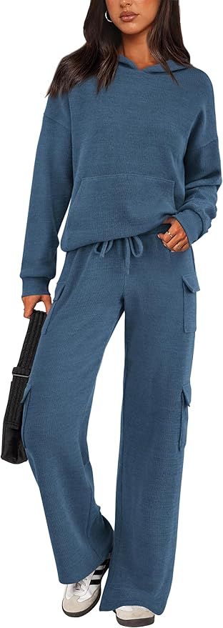 PRETTYGARDEN Women's 2 Piece Lounge Sets 2024 Fall Knitted Hoodie Pullover Tops Cargo Pants Match... | Amazon (US)