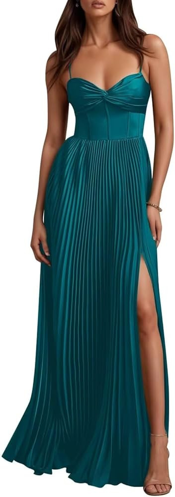 Satin Pleated Bridesmaid Dresses Long with Slit for Women Spaghetti Straps A Line Formal Evening ... | Amazon (US)