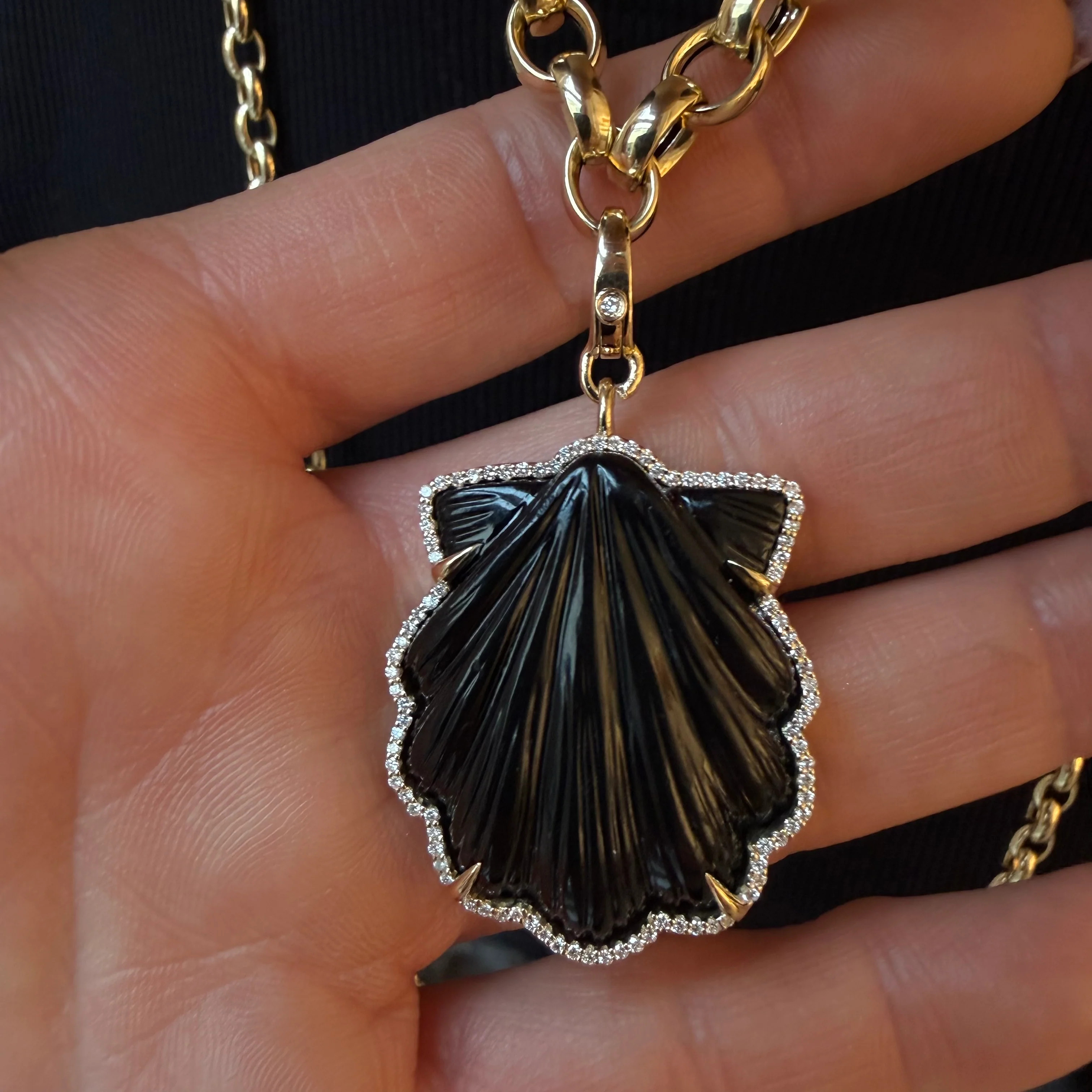 CARVED BLACK ONYX GEMSTONE SHELL AMULET SET IN 14K GOLD WHITE DIAMONDS – SHAKTI | SHAKTI JEWELRY