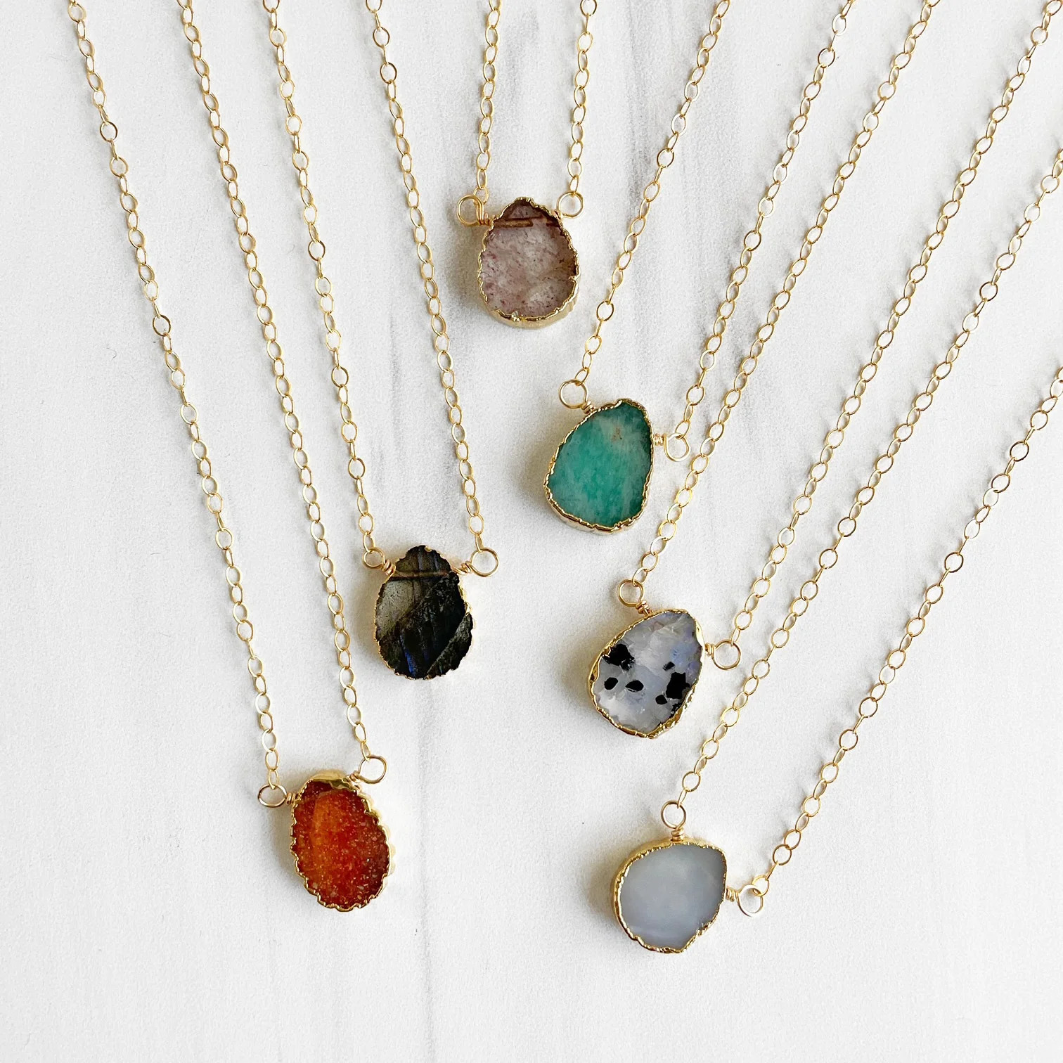 Dainty Scalloped Gemstone Slice Necklace in Gold | Rustic Gem Jewelry