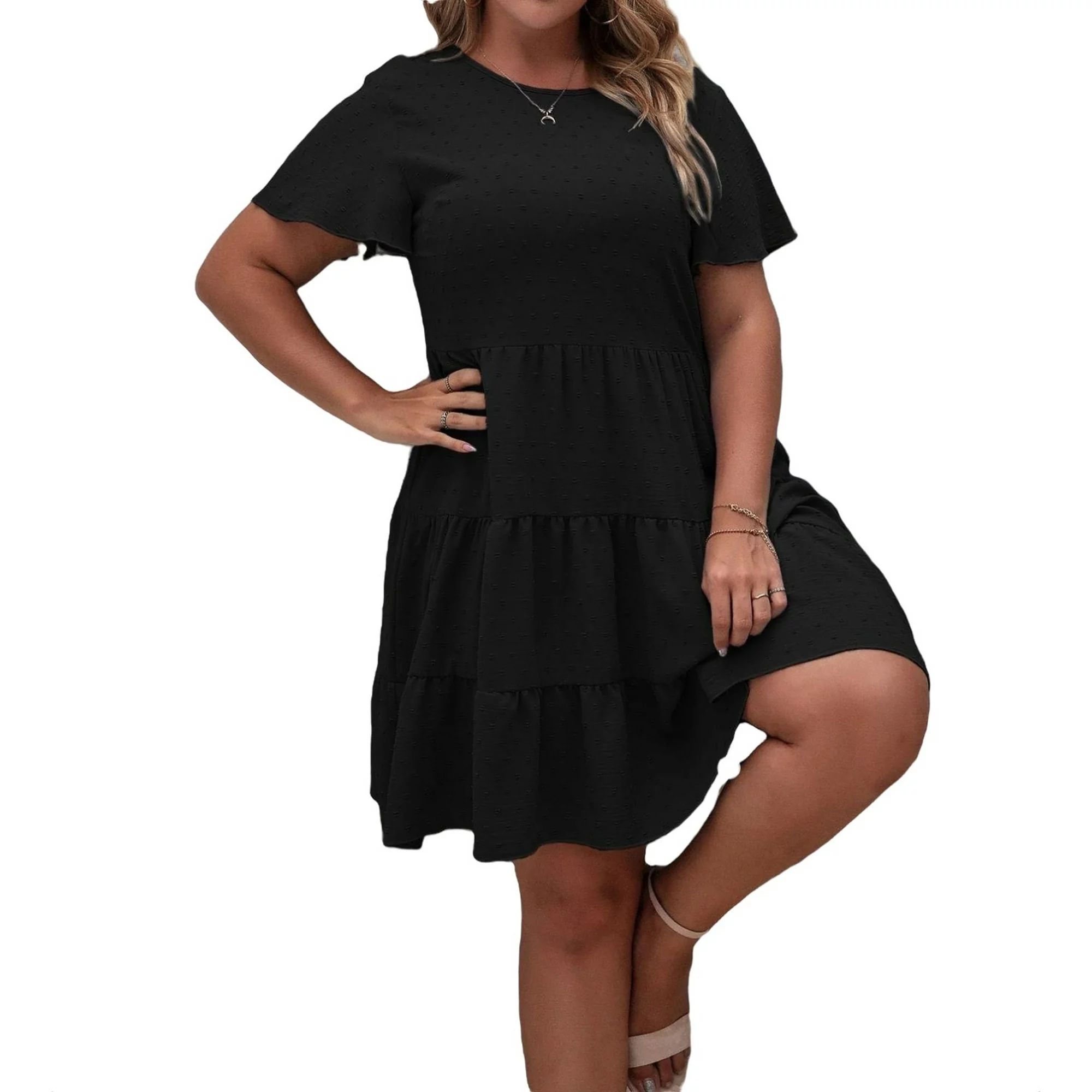 Womens Plus Dresses Short Sleeve Ruffle Hem A Line Round Neck Black 1XL | Walmart (US)