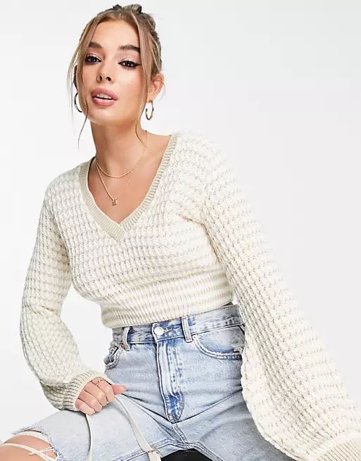 In The Style x Dani Dyer textured volume sleeve crochet sweater in stone | ASOS (Global)