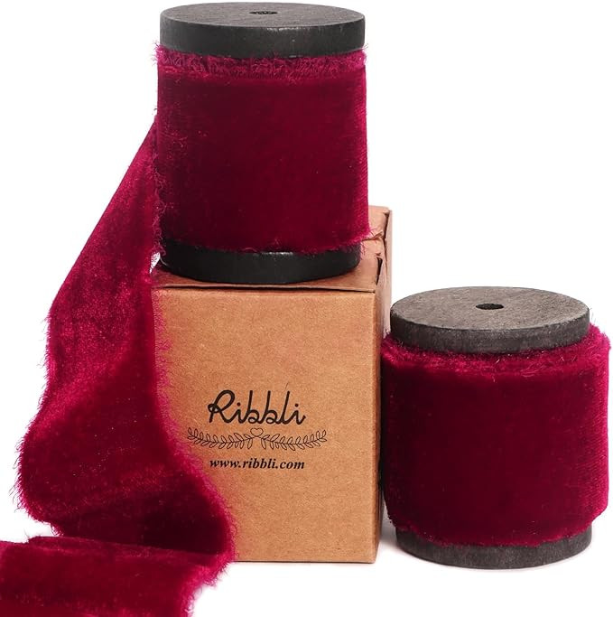 Ribbli Burgundy Velvet Ribbon 1.5 Inch Handmade Frayed Vintage Christmas Ribbon for Gift Wrapping... | Amazon (US)