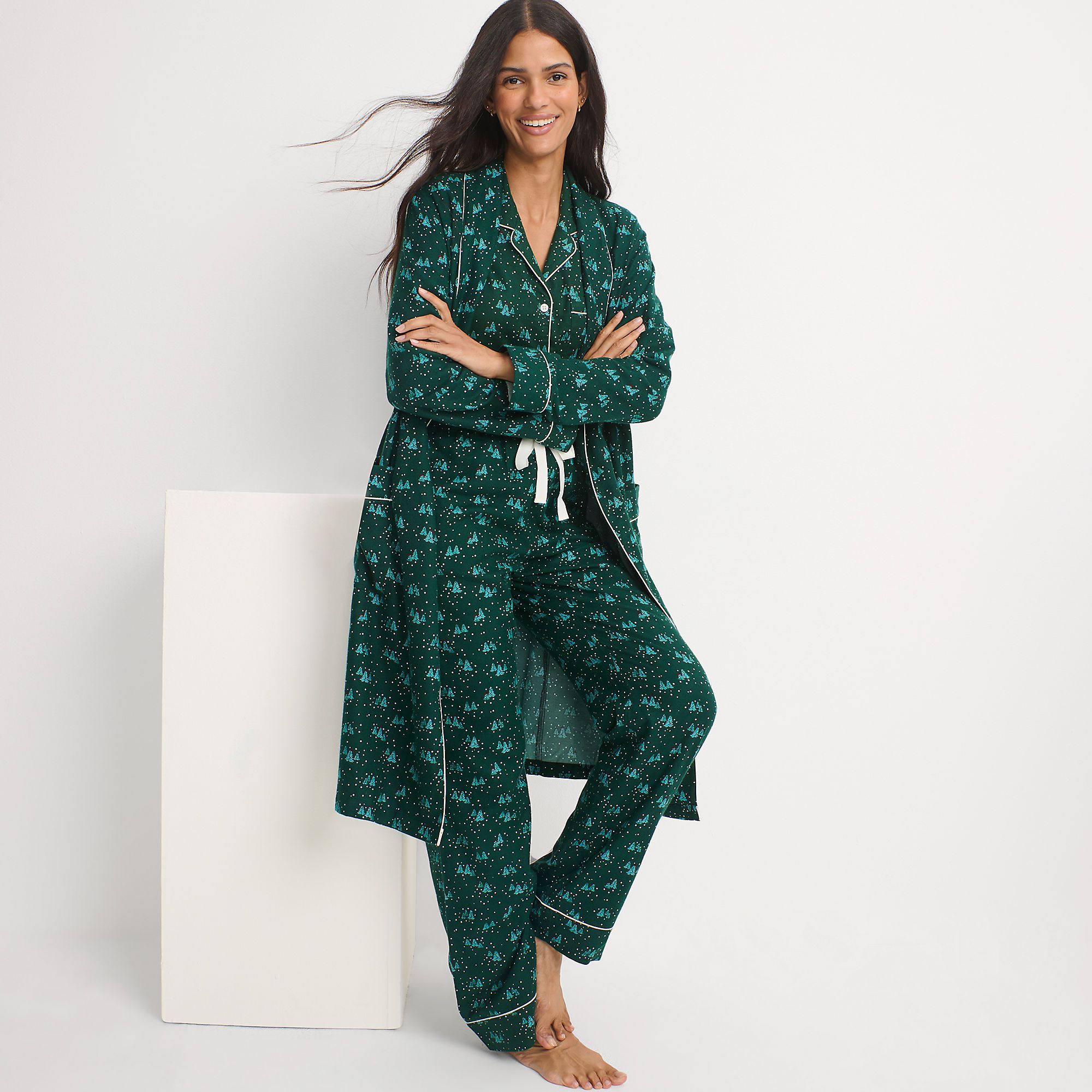 Women's Drapey Flannel 4 Piece Pajama Set - Long Sleeve Top and Pants Robe and Bag | Lands' End (US)