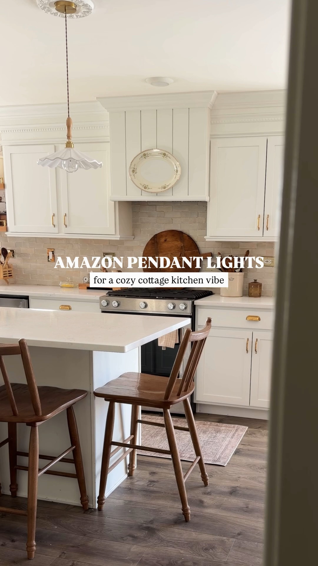 I went through 4 different pendant lights in this kitchen before finally landing on these!
They give the perfect cozy cottage kitchen vibe and completely softened the space in the best way.

These scalloped pendants are one of my most asked-about details, and I totally get why.

They’re currently under $60 (which still feels unreal for how pretty they are).

#LTKHome