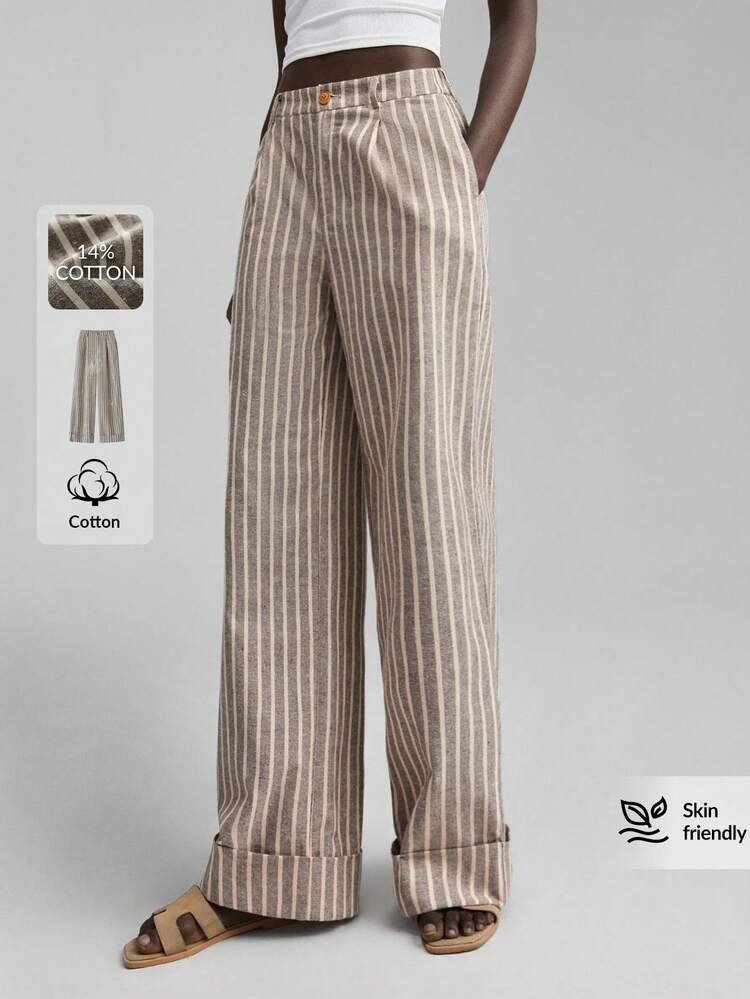 Ontre 2025 New Linen Blended Casual Pants, Retro Style, Comfortable, Striped Fabric, Elastic Waistband, Real Pockets, Women's Long Pants, Tapered Leg, Versatile Daily Wear, Business Casual Office Attire, Low-Key Retro Style, High-Quality Urban Commute And Airport Fashion, Summer Modern Urban Casual Business Casual Women's Wear, Low-Key Retro Style, Effortless Chic, High-End Urban Commute, High-Quality Airport Women's Wear, Premium Fabric | SHEIN