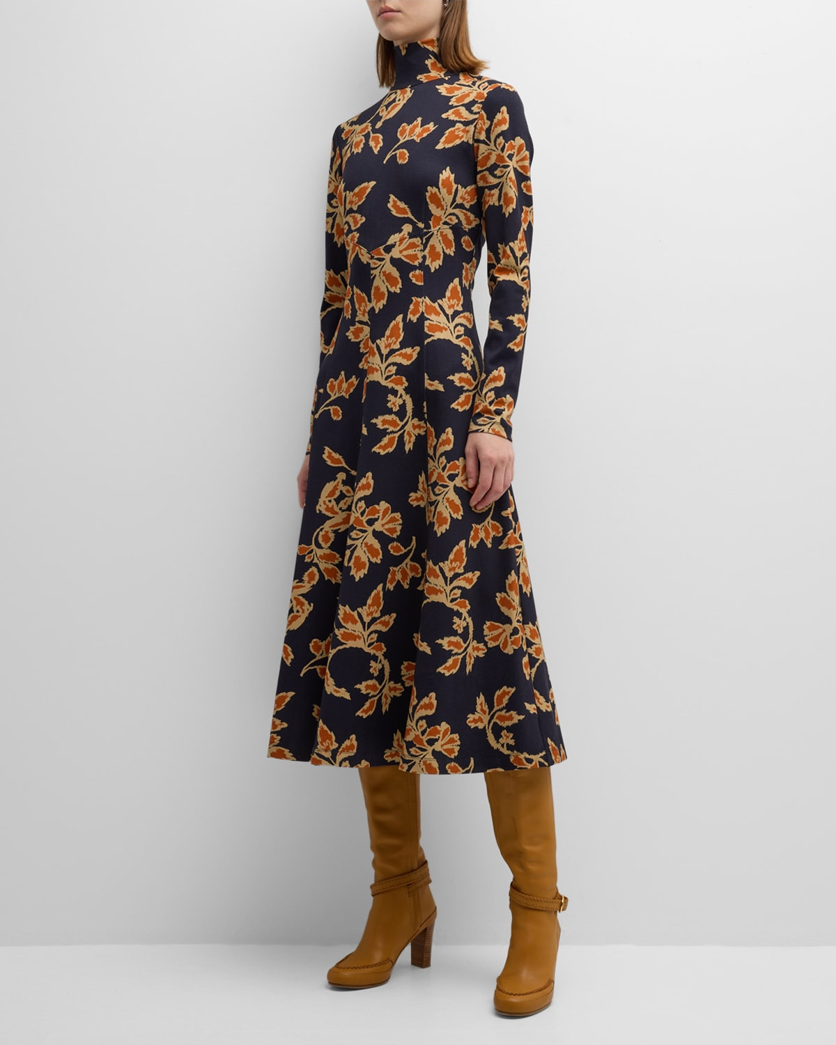 Thea Floral-Print Turtleneck Midi Dress | Neiman Marcus