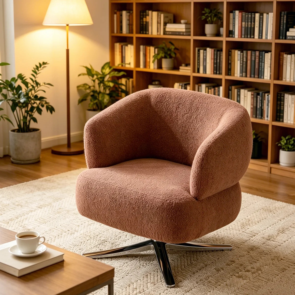 Dusty Blush Brown Boucl\u00e9 Fabric 360 Degree Swivel Barrel Accent Chair,Curved Enveloping Armr... | Wayfair North America