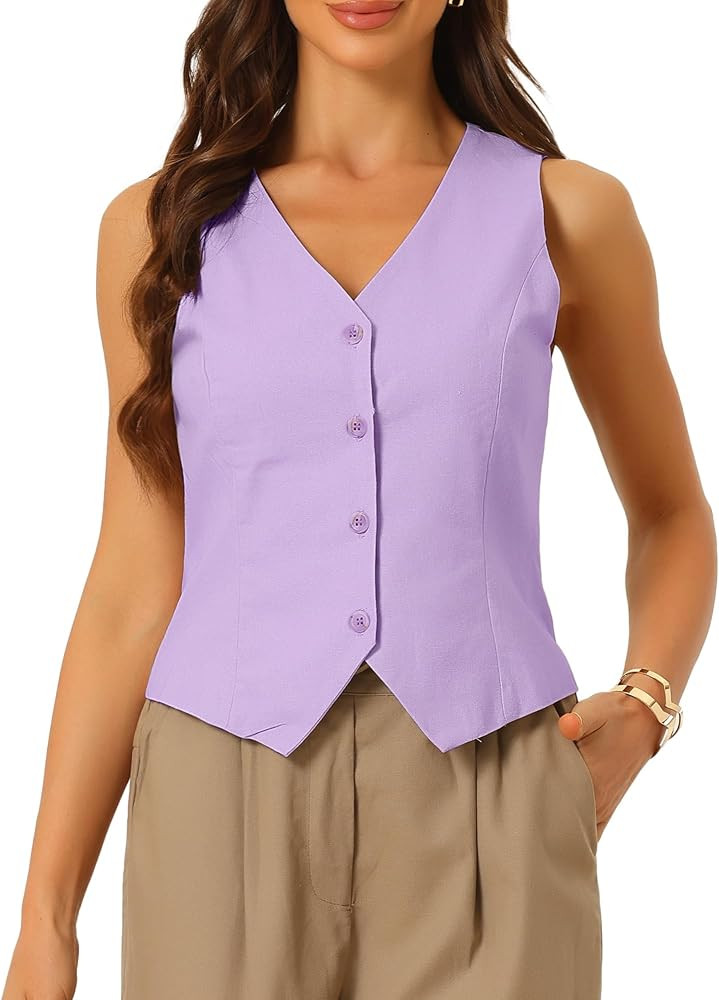 Allegra K Women V Neck Button Down Summer Cotton Linen Vest Tops | Amazon (US)