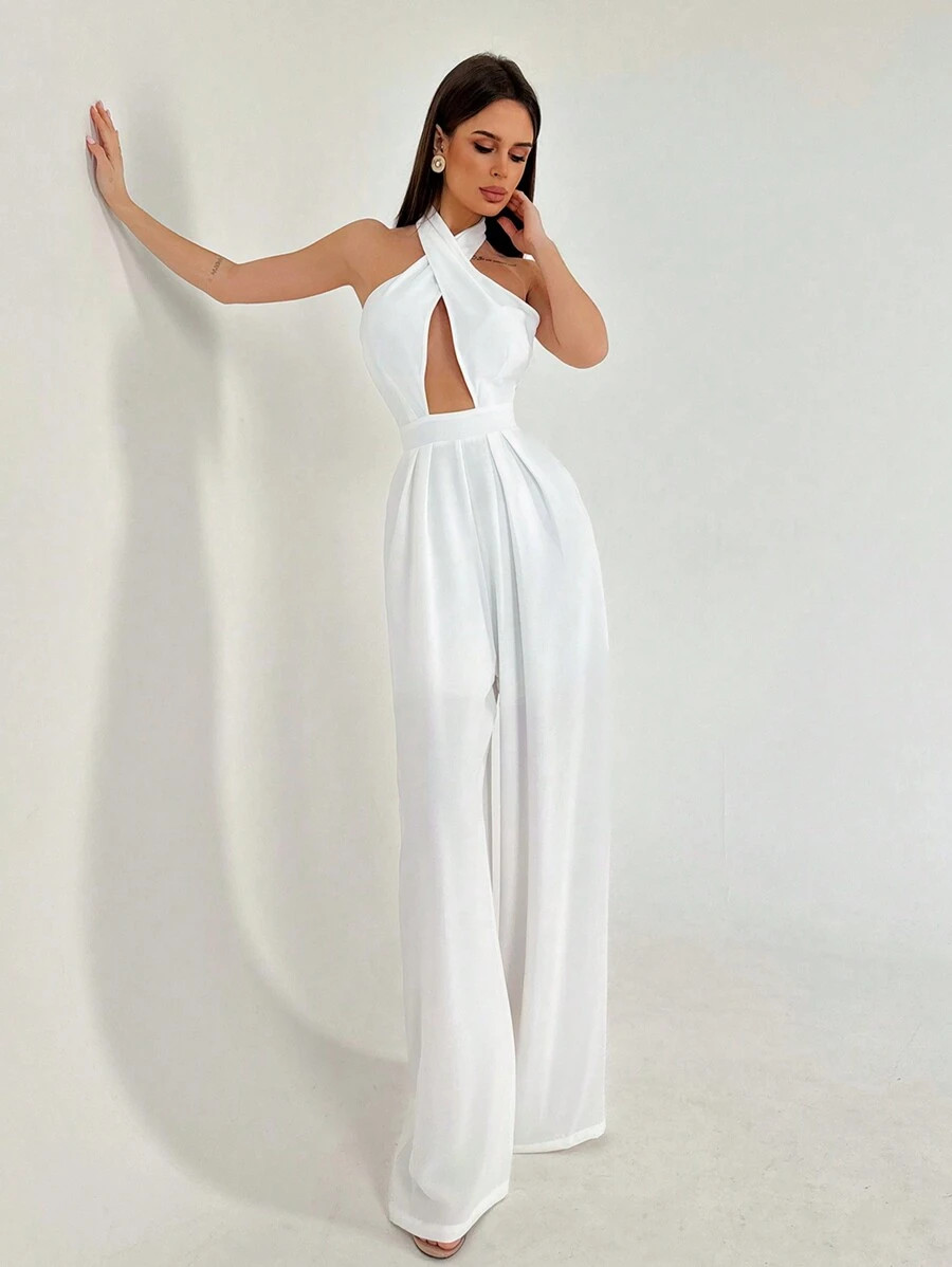 Aloruh Ladies" White Halter Neck Tie Waist Pleated Backless Plain Street Style Long Jumpsuit | SHEIN