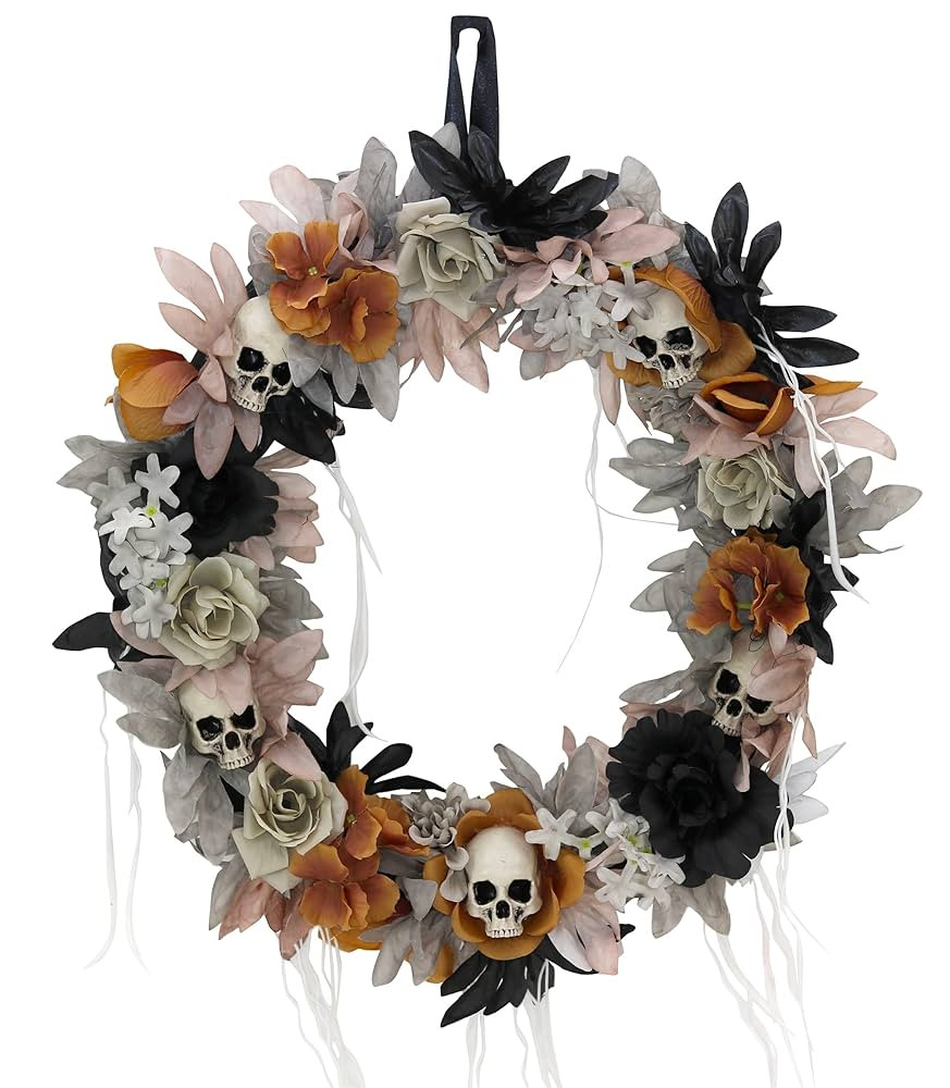 Haunted Hill Farm Gothic Skull Wreath with Multicolor Flowers, Indoor or Outdoor Halloween Decor,... | Amazon (US)