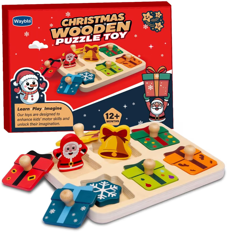 Stocking Stuffer for Kids - Christmas-Themed Wooden Peg Puzzle for Toddlers 1-3 Years, Montessori... | Amazon (US)