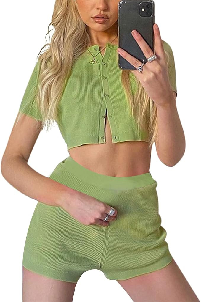 Women 2 Piece Ribbed Outfit Short Sleeve Button Down Shirts Crop Top Bodycon High Waist Short Y2K... | Amazon (US)