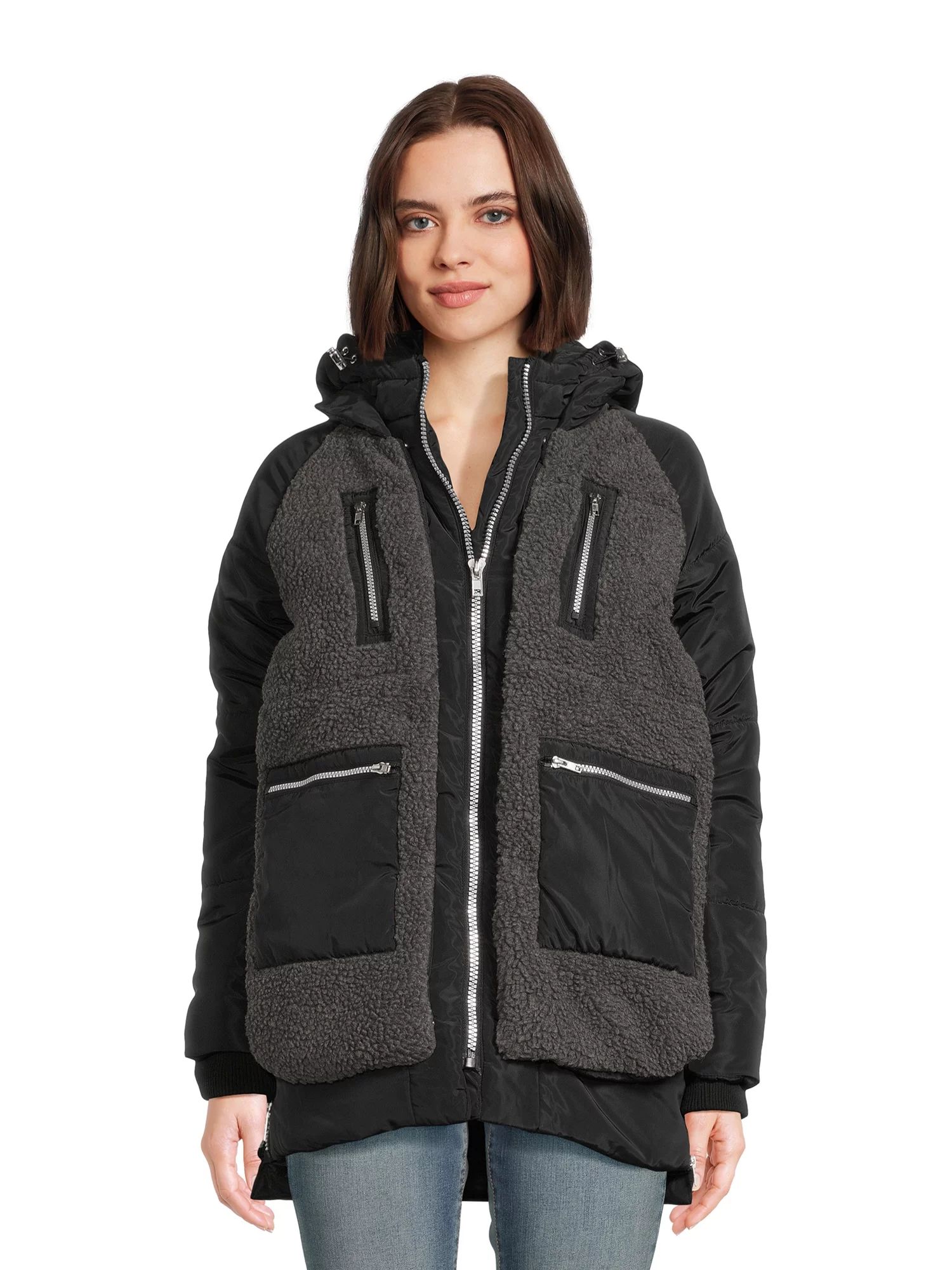 Jason Maxwell Women's Mixed Media Faux Sherpa Jacket with Hood | Walmart (US)